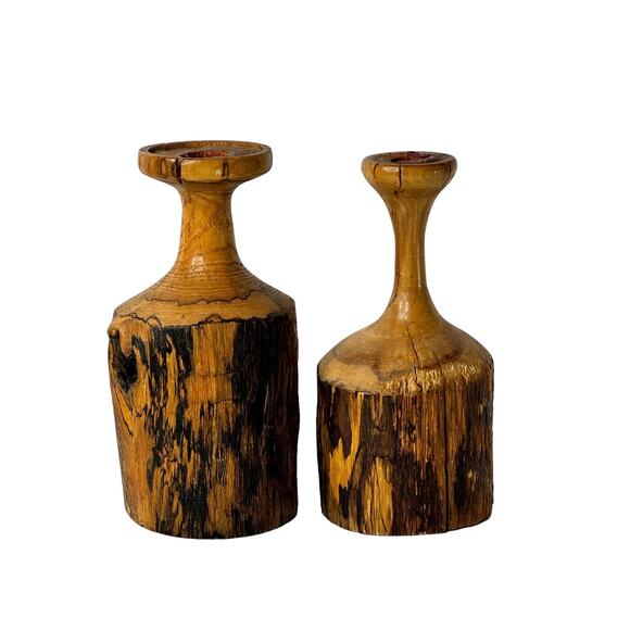 SET OF 2 RUSTIC PRIMITIVE Hand Turned Live Edge Solid Wood Candle Holders - Picture 1 of 8